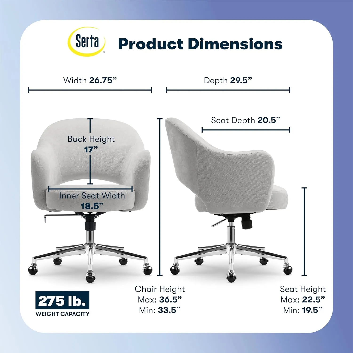 Serta Mia Modern Office Chair, Low-Back Barrel Design, Pocket Coil Seat Cushion, Mid-Century Accent Armchair, Women’s Vanity or MakeupChair, Swivel Chrome Metal Base, Light Gray Velvet Fabric
