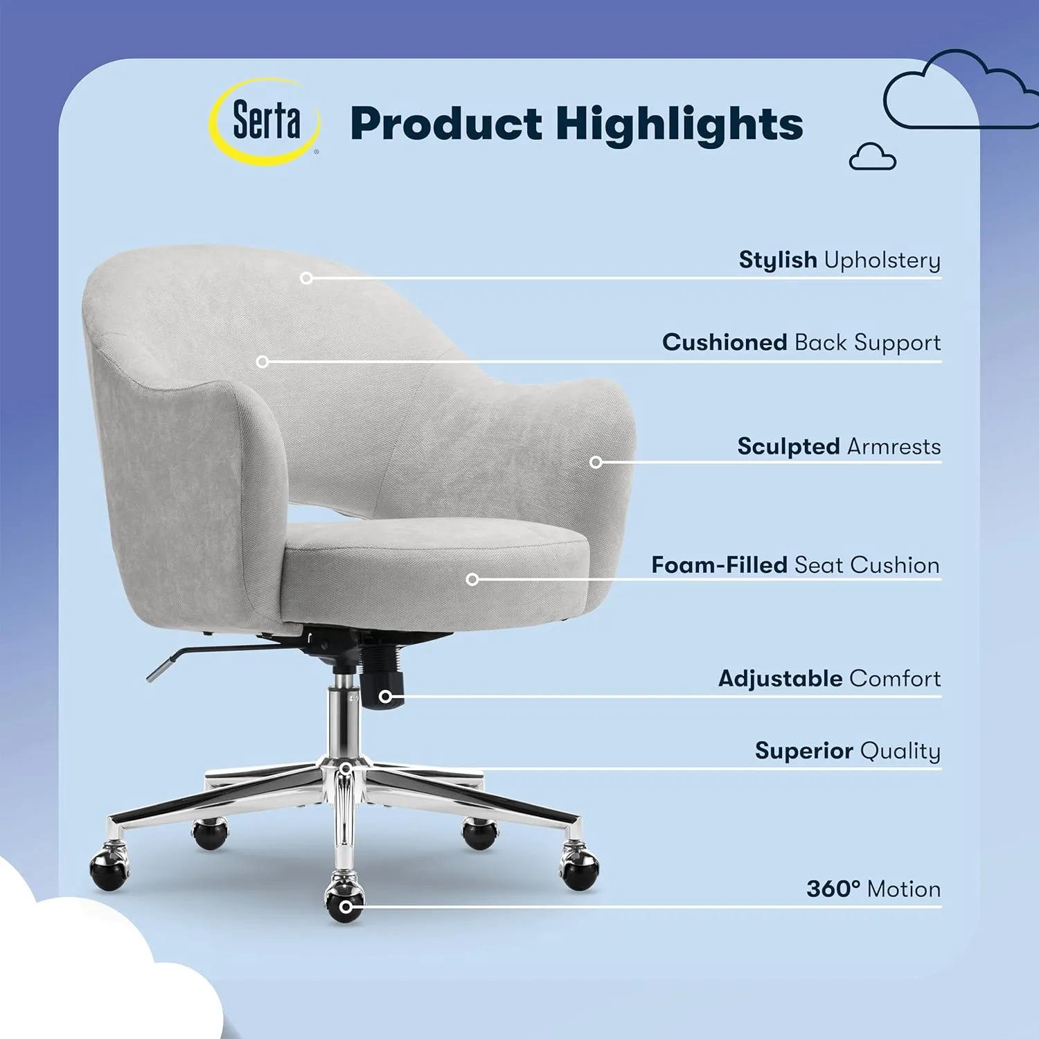 Serta Mia Modern Office Chair, Low-Back Barrel Design, Pocket Coil Seat Cushion, Mid-Century Accent Armchair, Women’s Vanity or MakeupChair, Swivel Chrome Metal Base, Light Gray Velvet Fabric