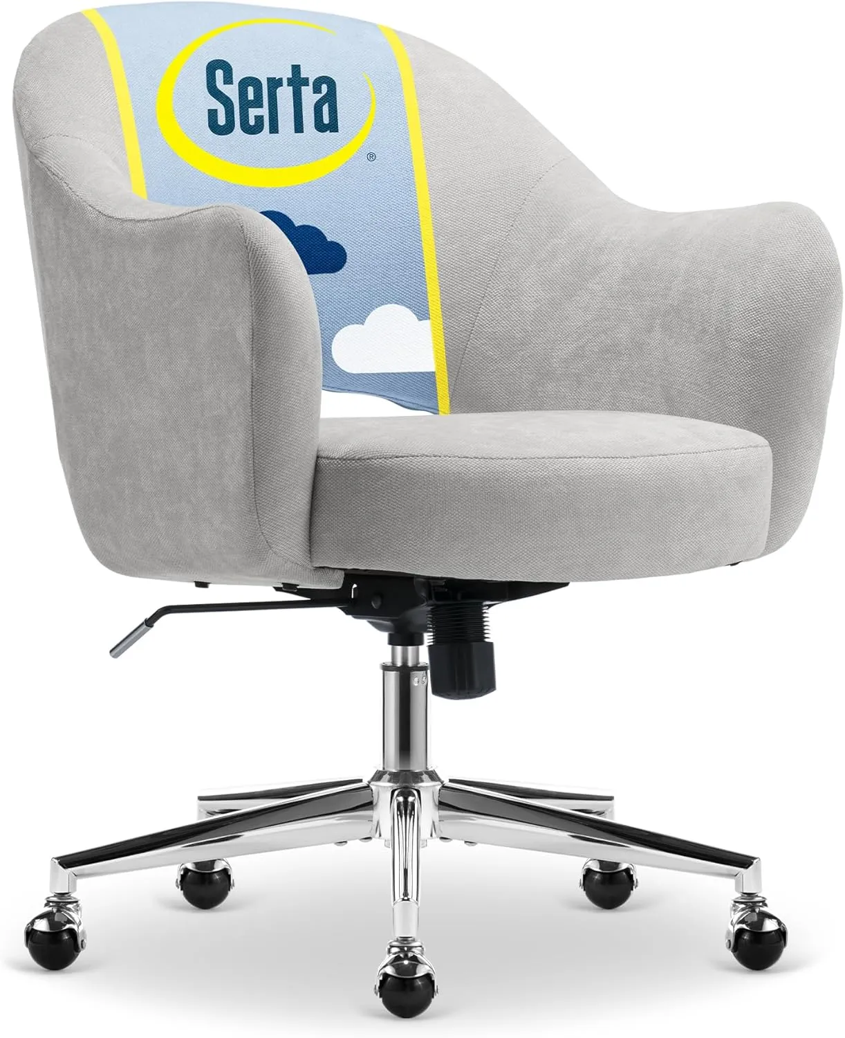 Serta Mia Modern Office Chair, Low-Back Barrel Design, Pocket Coil Seat Cushion, Mid-Century Accent Armchair, Women’s Vanity or MakeupChair, Swivel Chrome Metal Base, Light Gray Velvet Fabric