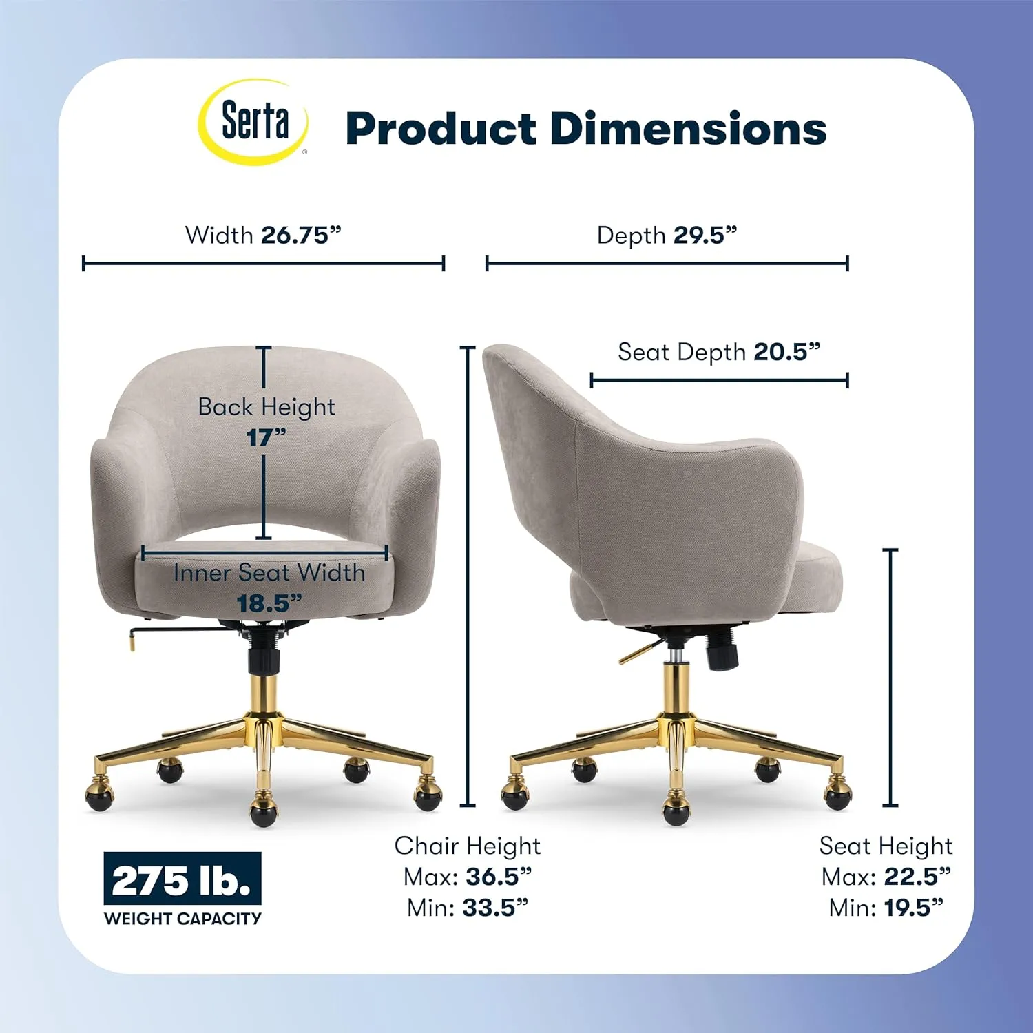 Serta Mia Modern Office Chair, Low-Back Barrel Design, Pocket Coil Seat Cushion, Mid-Century Accent Armchair, Women’s Vanity or MakeupChair, Swivel Gold Metal Base, Beige Velvet Fabric