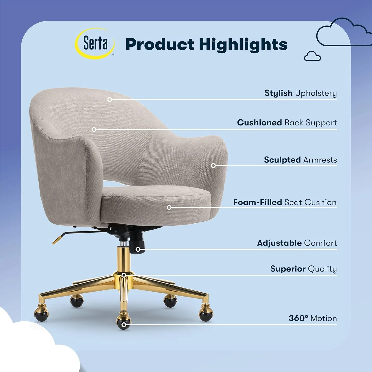 Serta Mia Modern Office Chair, Low-Back Barrel Design, Pocket Coil Seat Cushion, Mid-Century Accent Armchair, Women’s Vanity or MakeupChair, Swivel Gold Metal Base, Beige Velvet Fabric