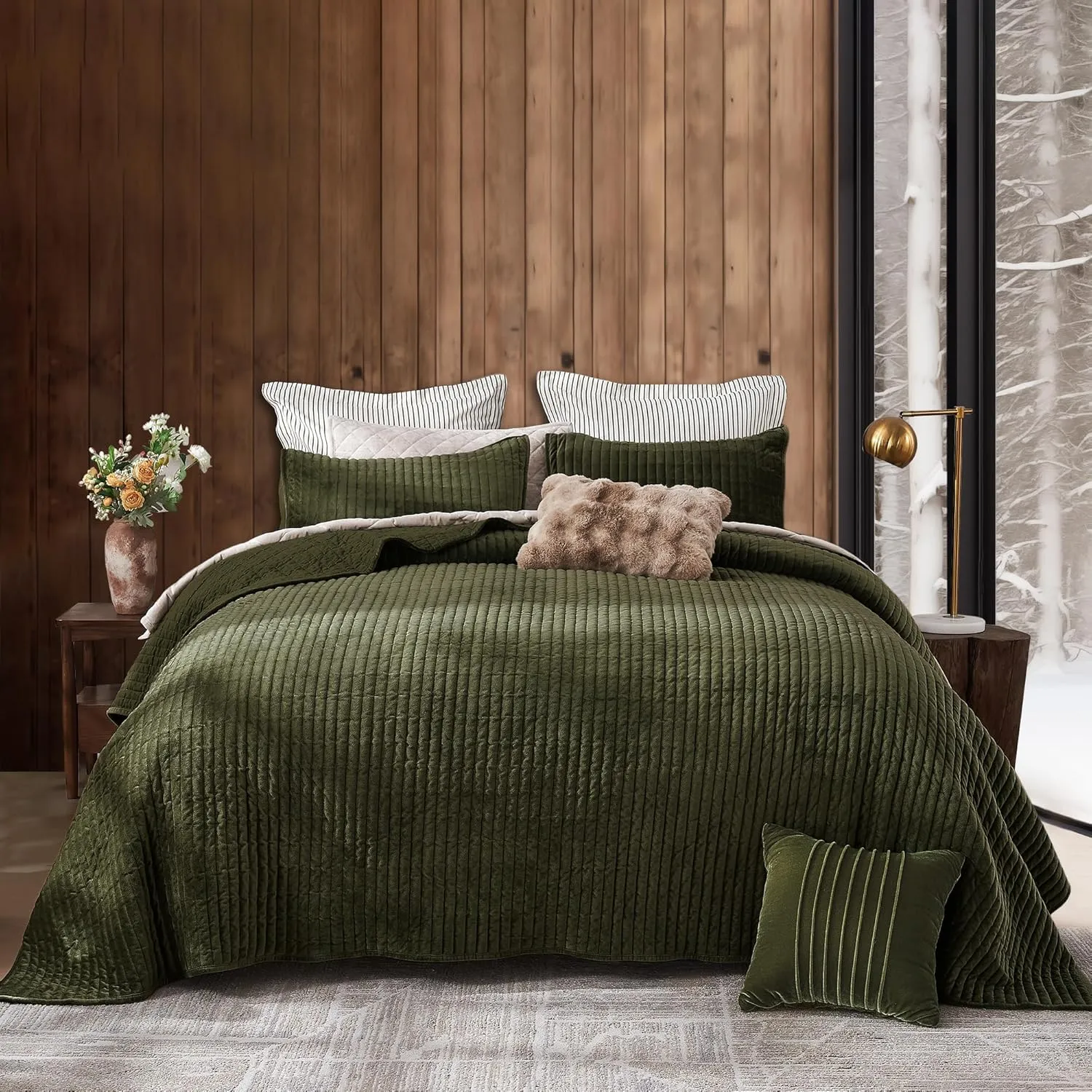 SHALALA Velvet Quilt Queen Size,Striped Bedding Set,Lightweight Velvet Comforter,Luxurious Cozy Suede Bedspread and Coverlet with Soft Brushed Microfiber Back for All Season(Army Green,Full/Queen)