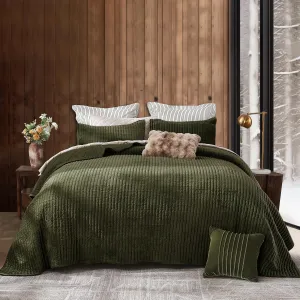 SHALALA Velvet Quilt Queen Size,Striped Bedding Set,Lightweight Velvet Comforter,Luxurious Cozy Suede Bedspread and Coverlet with Soft Brushed Microfiber Back for All Season(Army Green,Full/Queen)