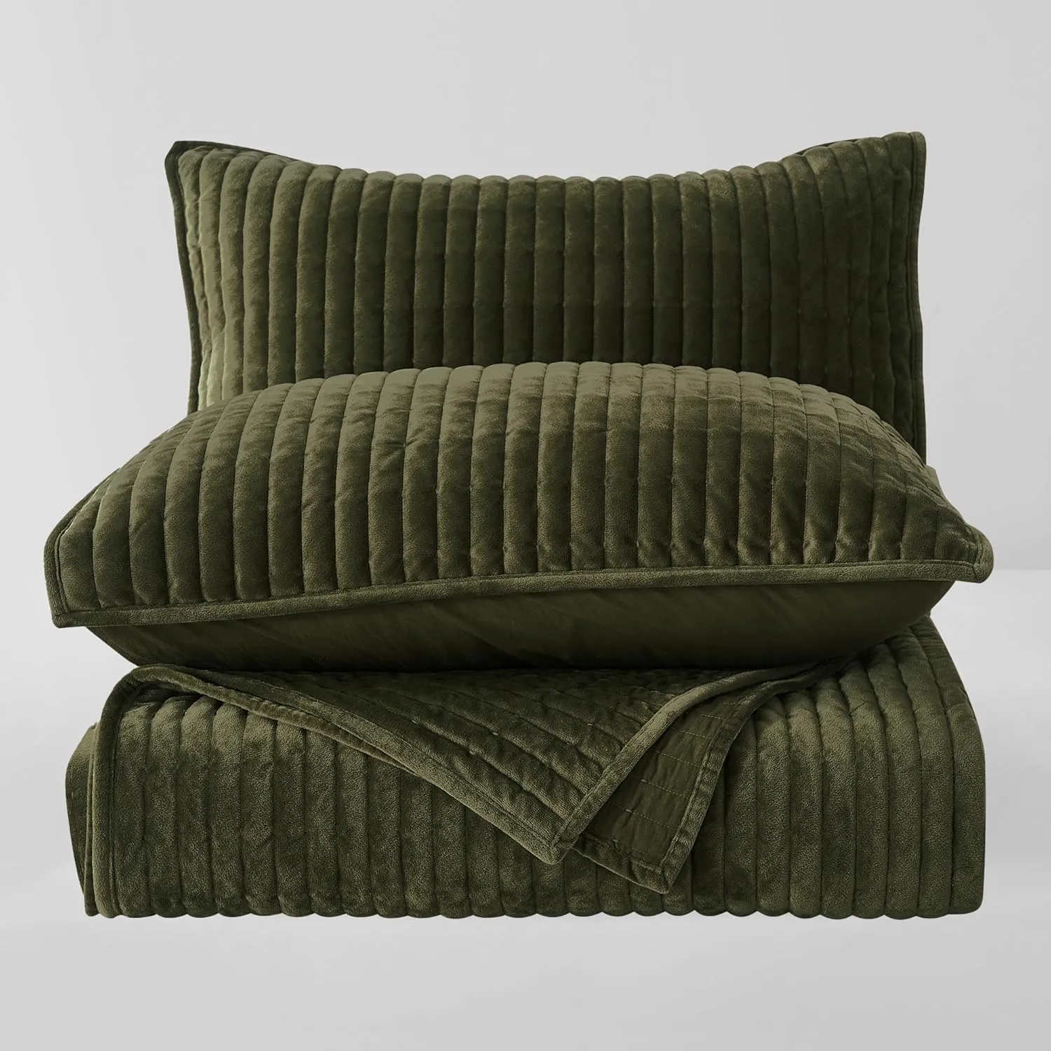 SHALALA Velvet Quilt Queen Size,Striped Bedding Set,Lightweight Velvet Comforter,Luxurious Cozy Suede Bedspread and Coverlet with Soft Brushed Microfiber Back for All Season(Army Green,Full/Queen)