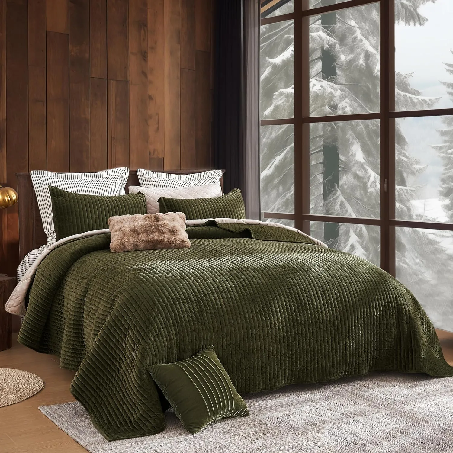 SHALALA Velvet Quilt Queen Size,Striped Bedding Set,Lightweight Velvet Comforter,Luxurious Cozy Suede Bedspread and Coverlet with Soft Brushed Microfiber Back for All Season(Army Green,Full/Queen)