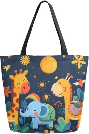 Shoulder Bag for Women Canvas Tote Bag Giraffe Elephant Flower Bush Handbags for Mom Sister Teacher Friend