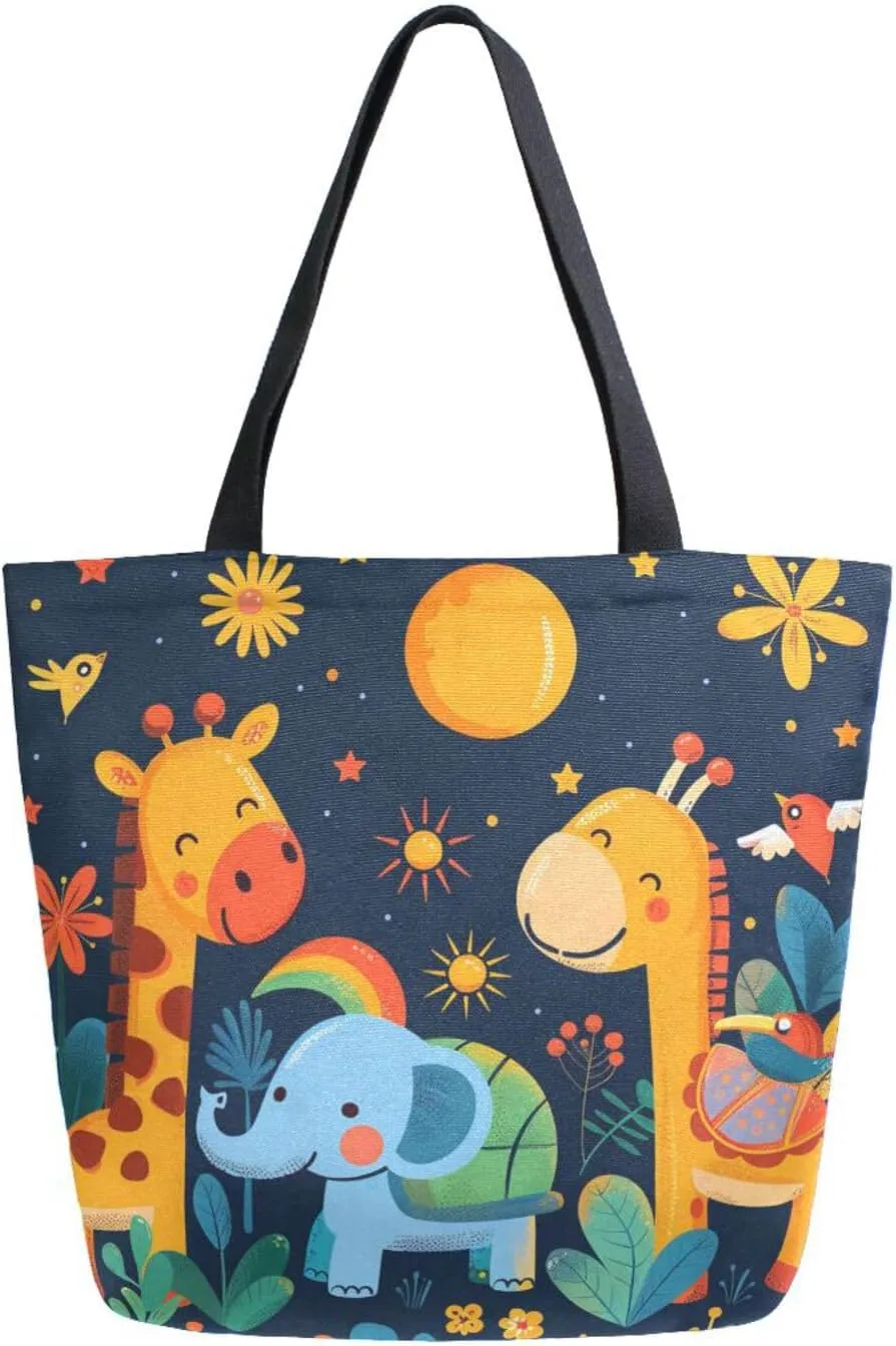 Shoulder Bag for Women Canvas Tote Bag Giraffe Elephant Flower Bush Handbags for Mom Sister Teacher Friend