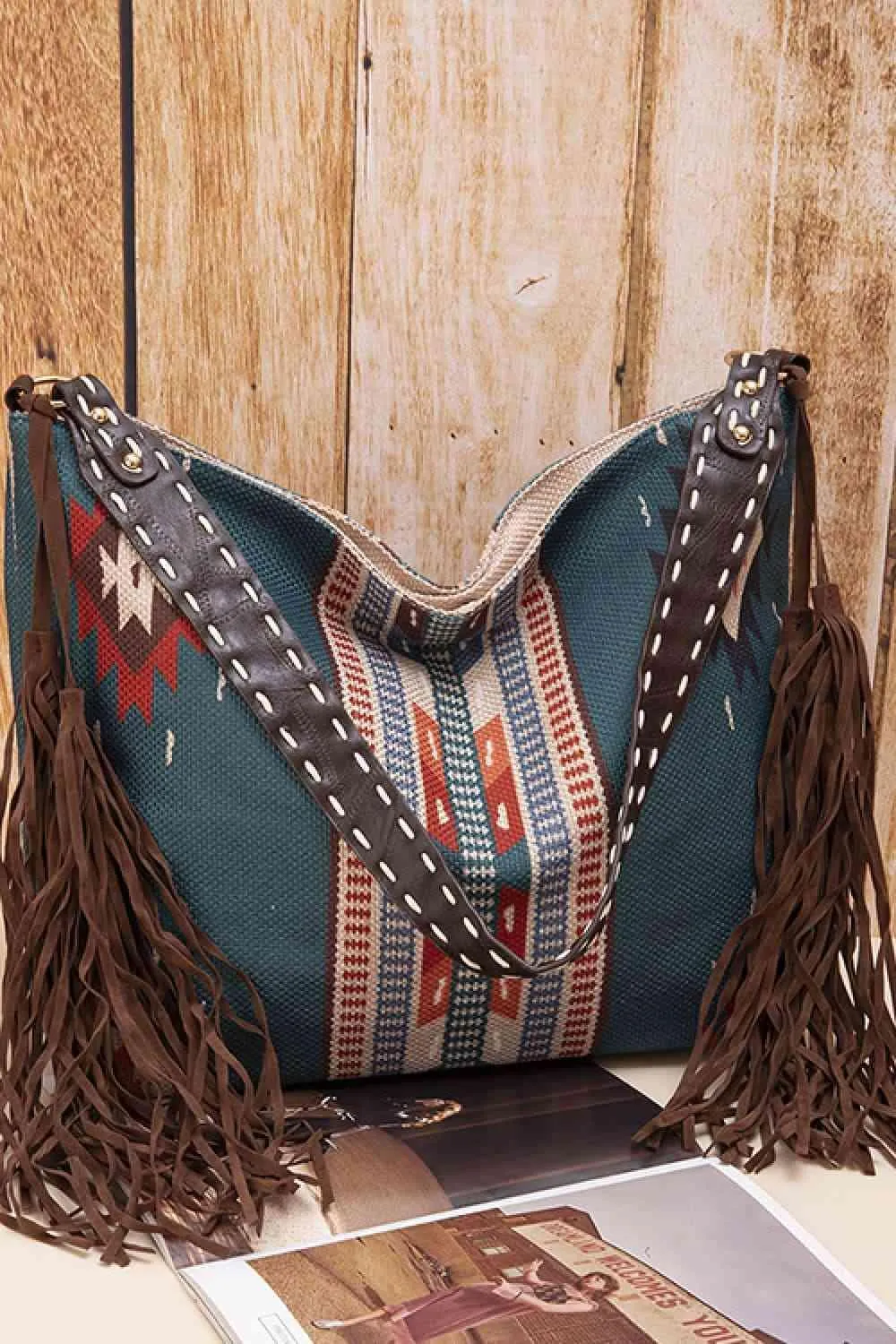 Side Tassel Adorn Geometric Canvas Tote Bag
