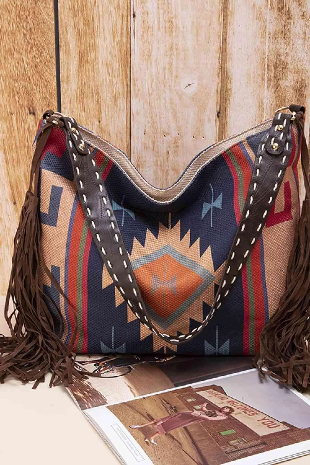 Side Tassel Adorn Geometric Canvas Tote Bag