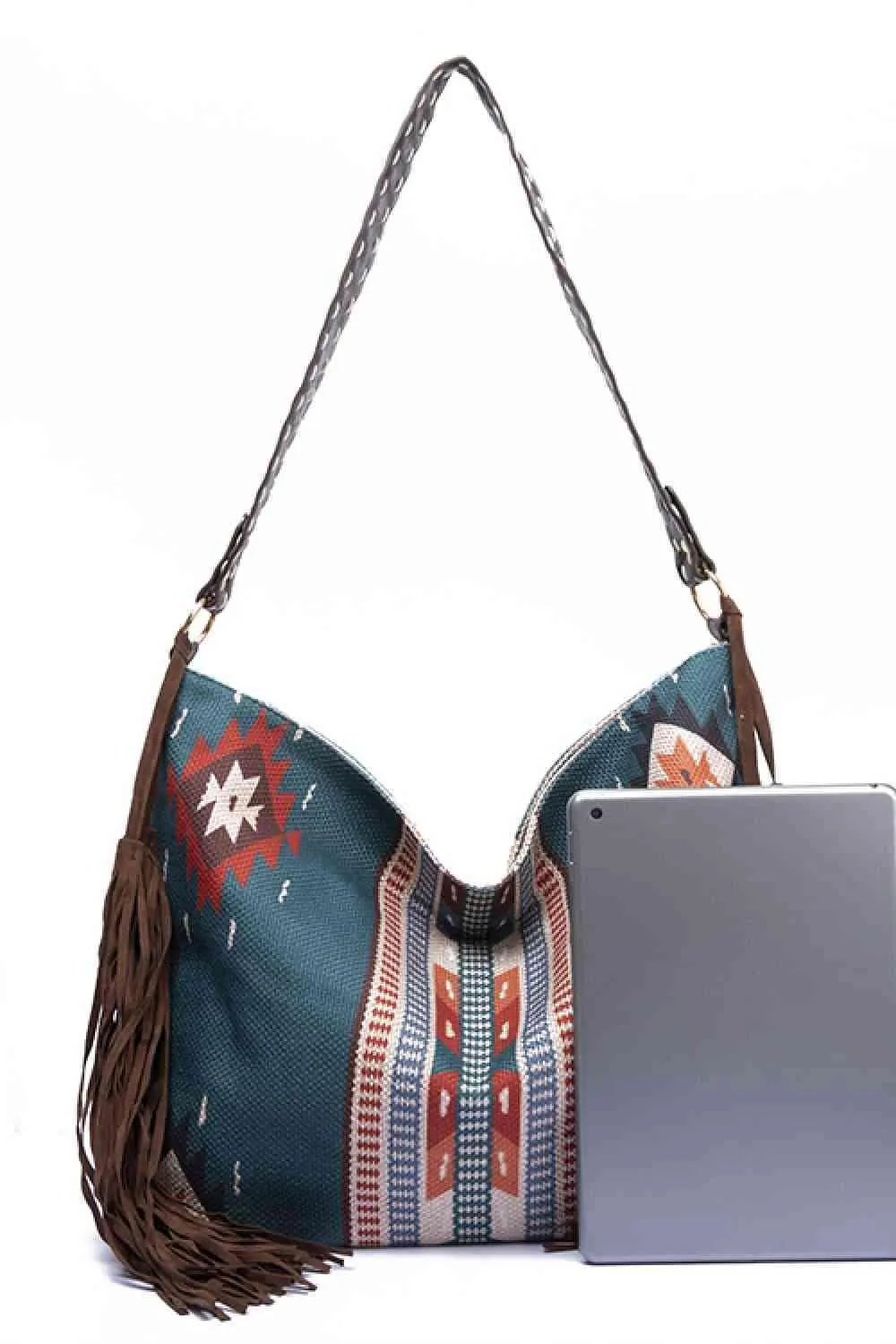 Side Tassel Adorn Geometric Canvas Tote Bag