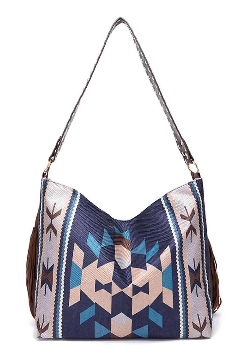 Side Tassel Adorn Geometric Canvas Tote Bag