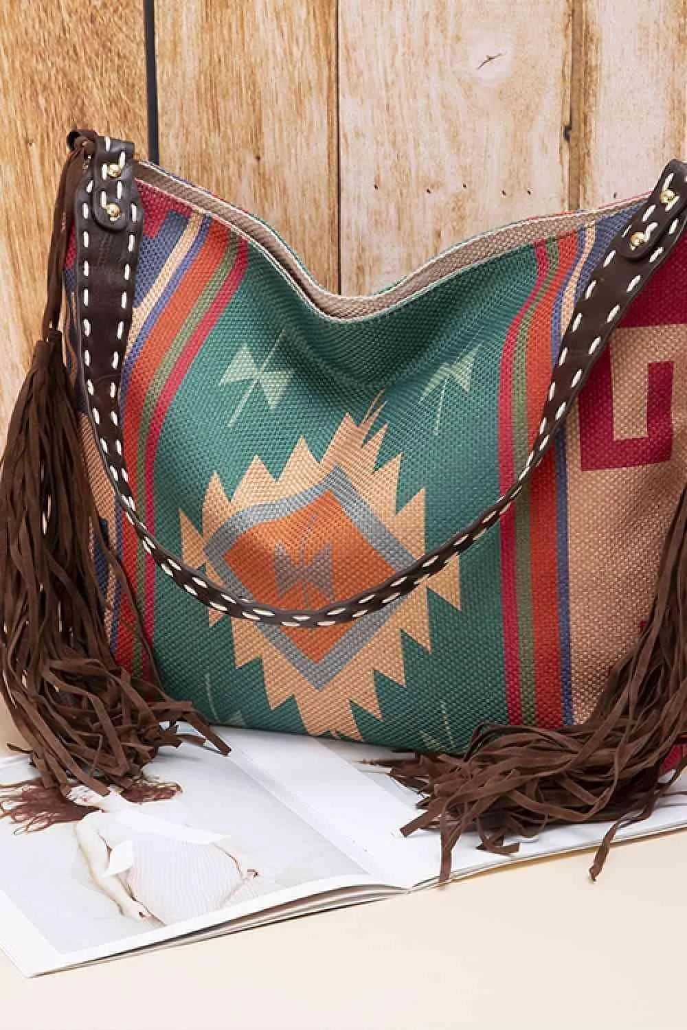 Side Tassel Adorn Geometric Canvas Tote Bag