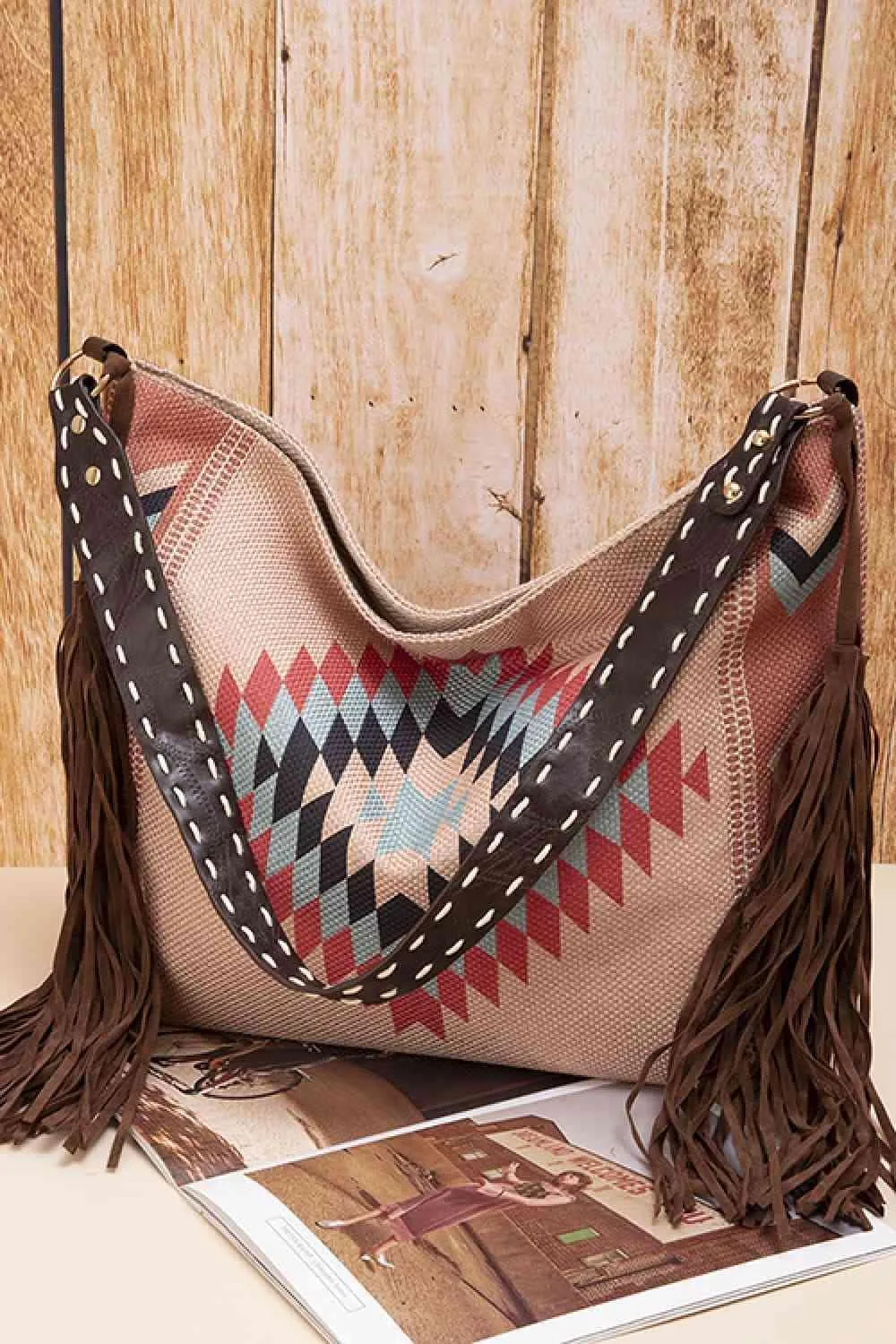 Side Tassel Adorn Geometric Canvas Tote Bag