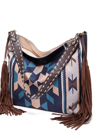 Side Tassel Adorn Geometric Canvas Tote Bag