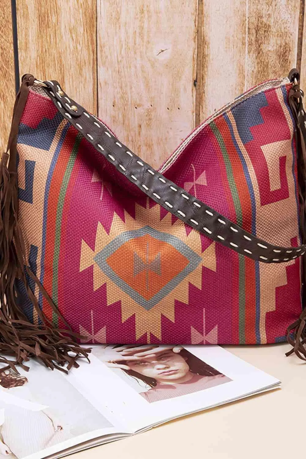 Side Tassel Adorn Geometric Canvas Tote Bag