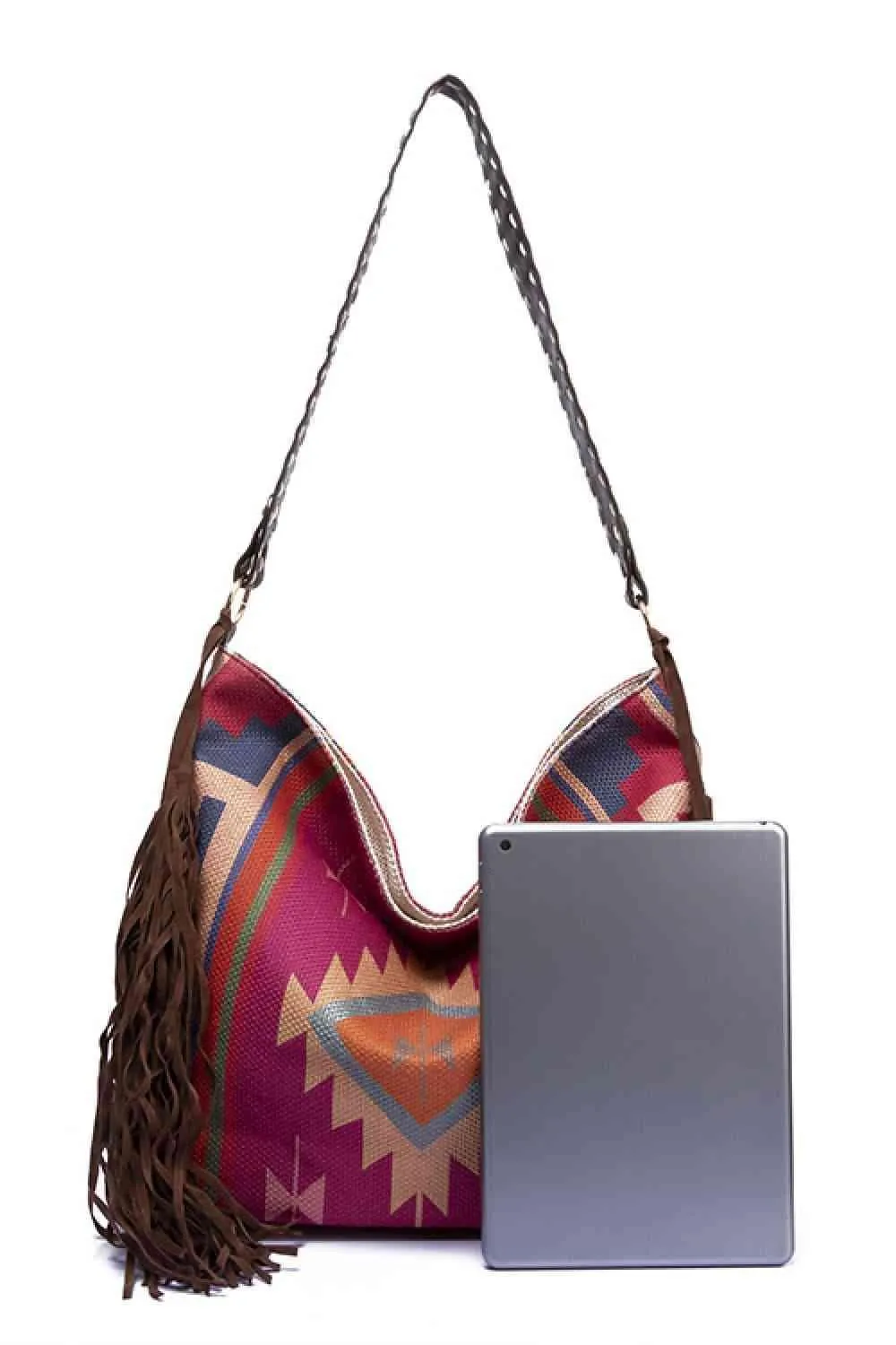 Side Tassel Adorn Geometric Canvas Tote Bag
