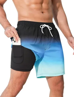SILKWORLD Mens Swimming Trunks with Compression Liner Quick Dry 5 inch Swim Shorts with Zipper Pockets