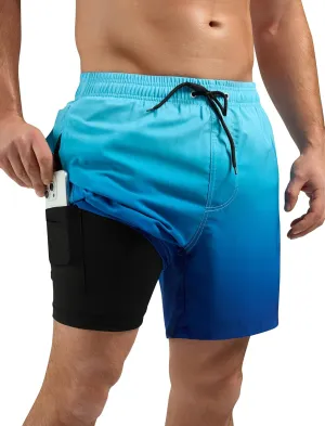 SILKWORLD Mens Swimming Trunks with Compression Liner Quick Dry 5 inch Swim Shorts with Zipper Pockets
