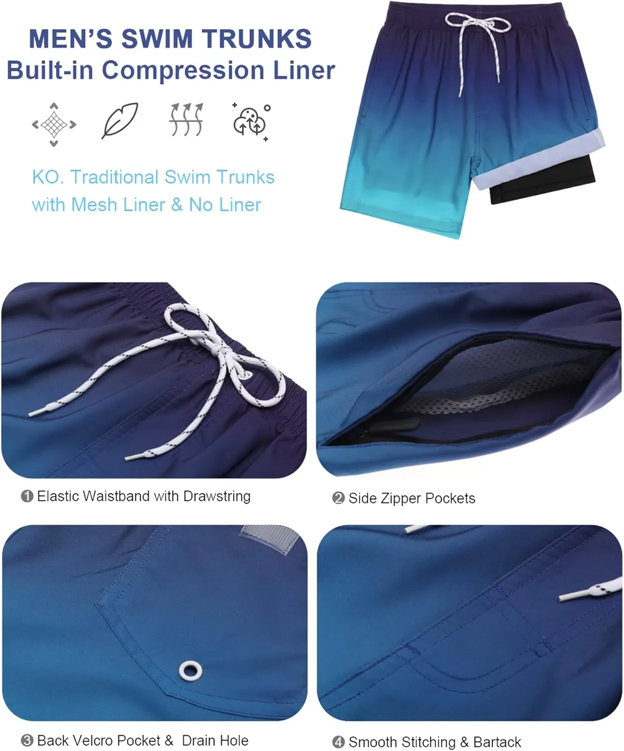 SILKWORLD Mens Swimming Trunks with Compression Liner Quick Dry 5 inch Swim Shorts with Zipper Pockets