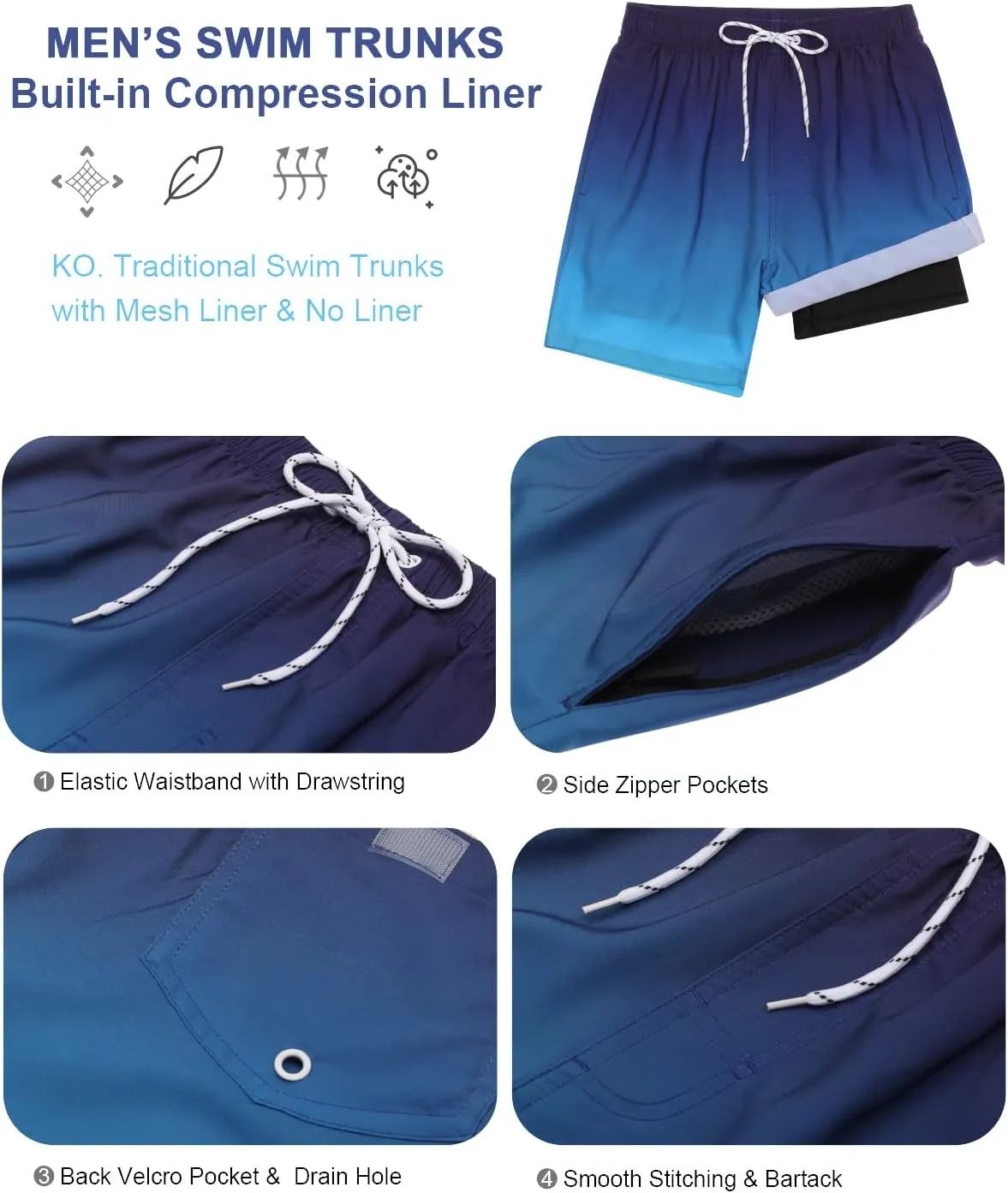 SILKWORLD Mens Swimming Trunks with Compression Liner Quick Dry 5 inch Swim Shorts with Zipper Pockets