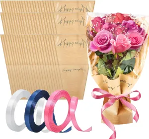 SixWeKit 60PCS Flower Bags For Bouquets,Kraft Paper Flower Gift Bag,Flower Sleeves For Bouquets, Brown Flower Bouquet Wrapping Paper Floral Bags For Flowers Arrangements bar supplies Florist