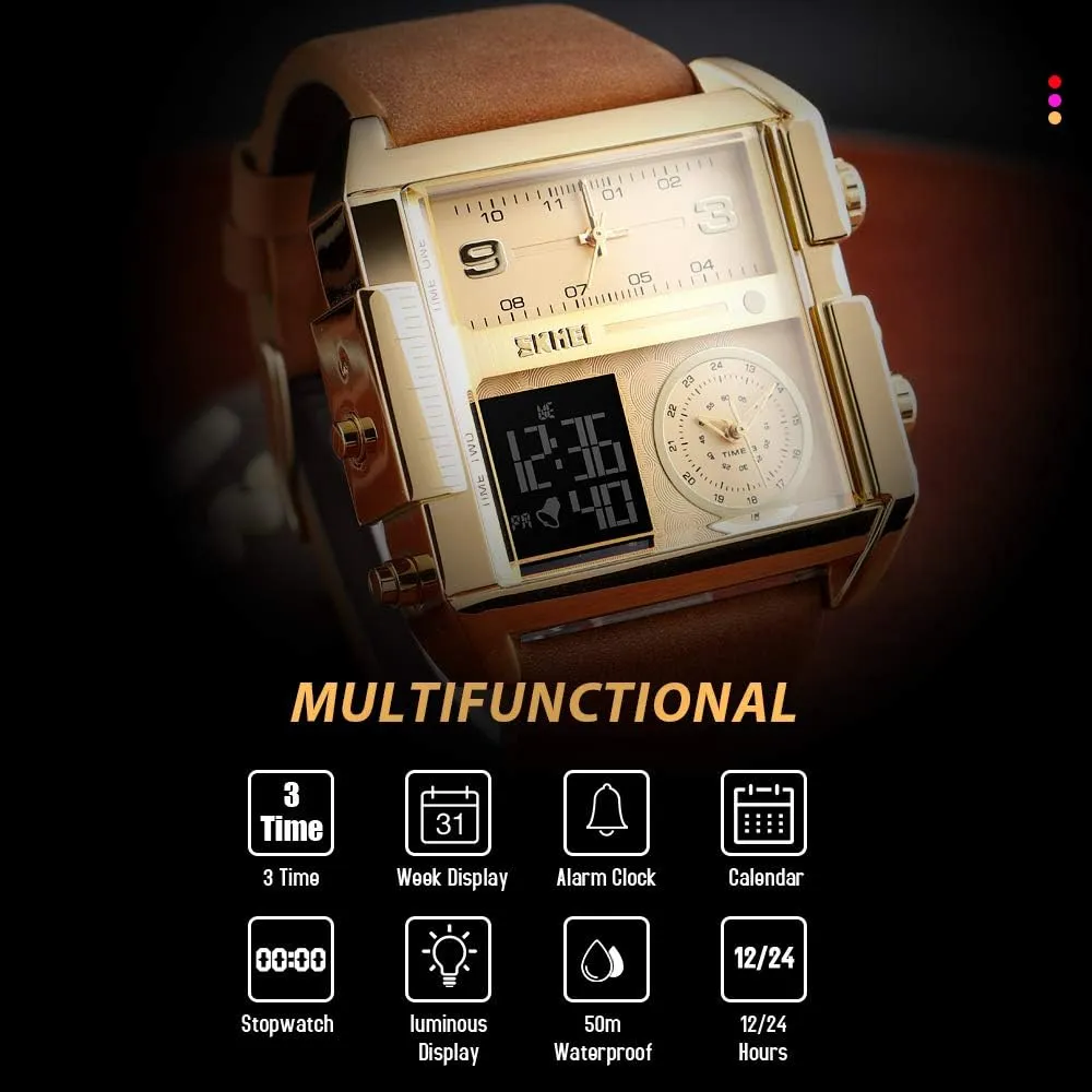 SKMEI Men's Digital Sports Watch, LED Square Large Face Analog Quartz Wrist Watch with Multi-Time Zone Waterproof Stopwatch