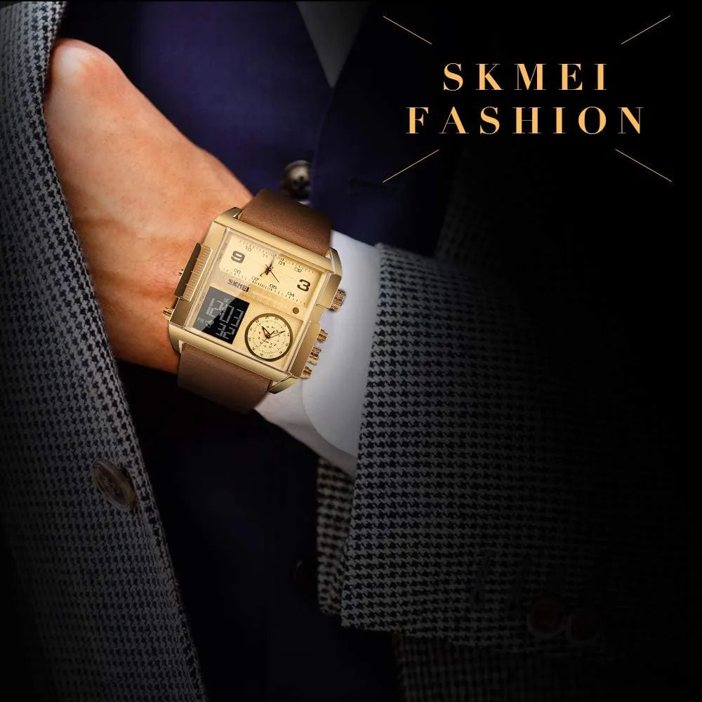 SKMEI Men's Digital Sports Watch, LED Square Large Face Analog Quartz Wrist Watch with Multi-Time Zone Waterproof Stopwatch