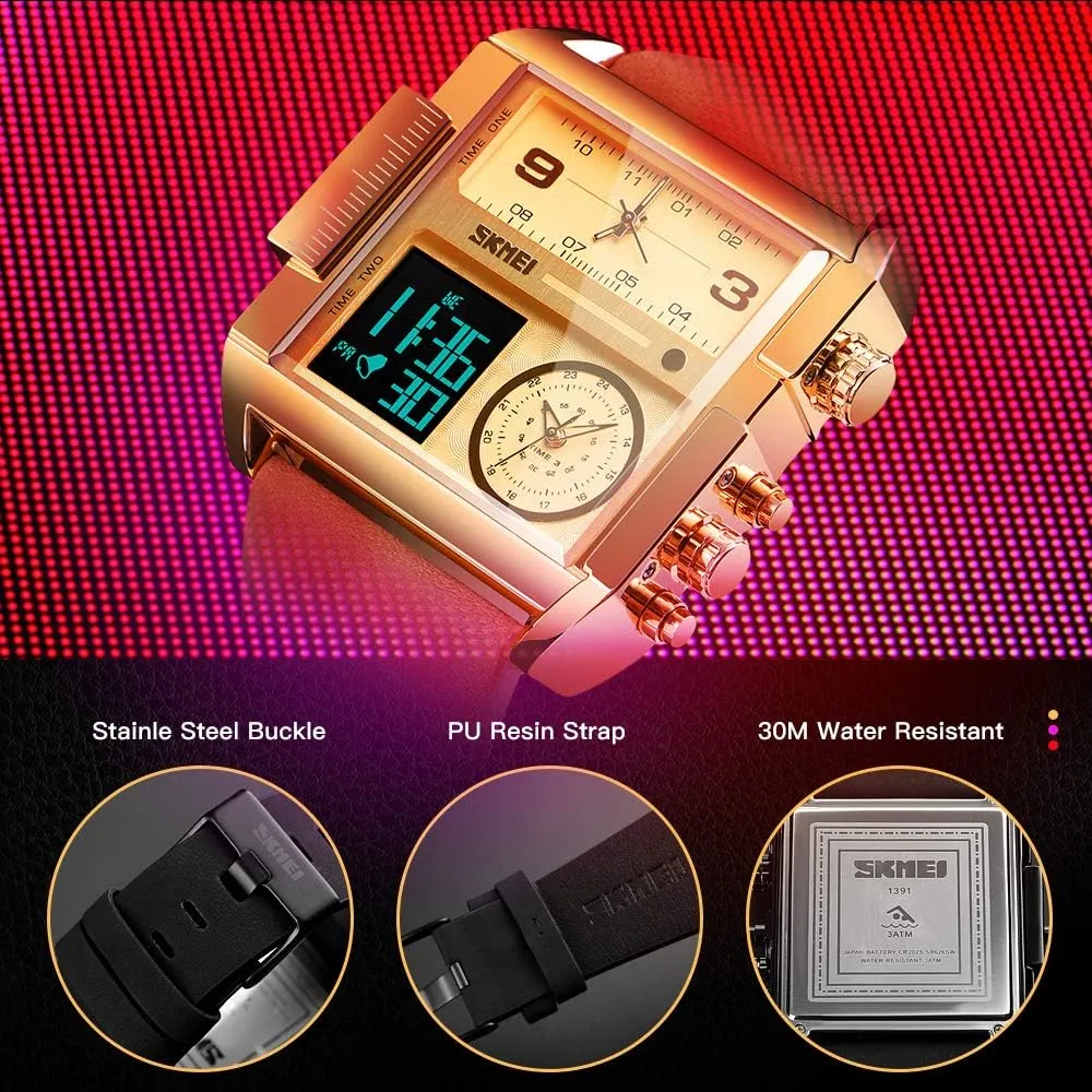 SKMEI Men's Digital Sports Watch, LED Square Large Face Analog Quartz Wrist Watch with Multi-Time Zone Waterproof Stopwatch