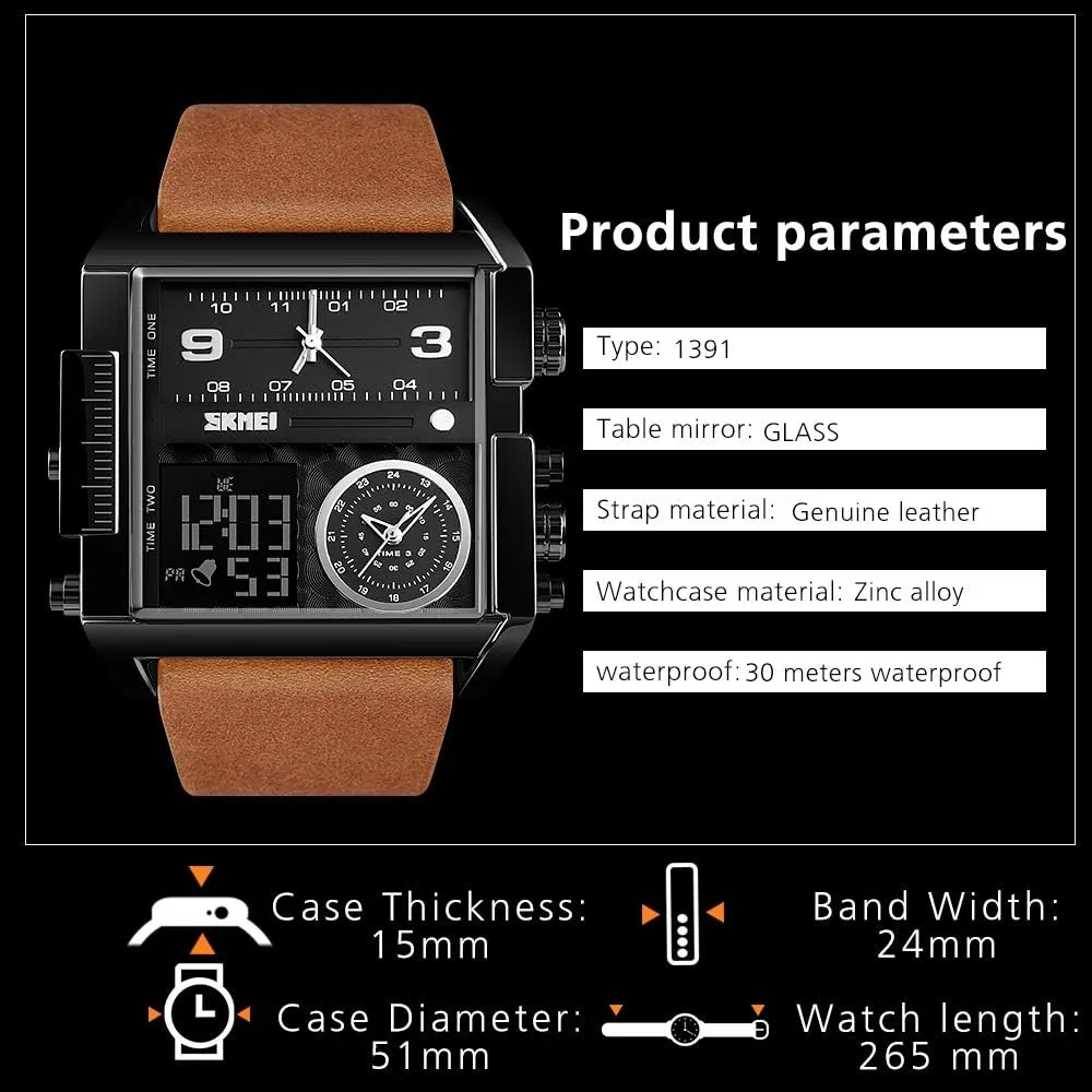 SKMEI Men's Digital Sports Watch, LED Square Large Face Analog Quartz Wrist Watch with Multi-Time Zone Waterproof Stopwatch