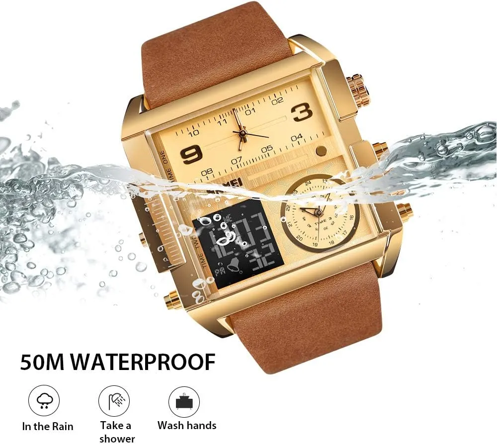SKMEI Men's Digital Sports Watch, LED Square Large Face Analog Quartz Wrist Watch with Multi-Time Zone Waterproof Stopwatch