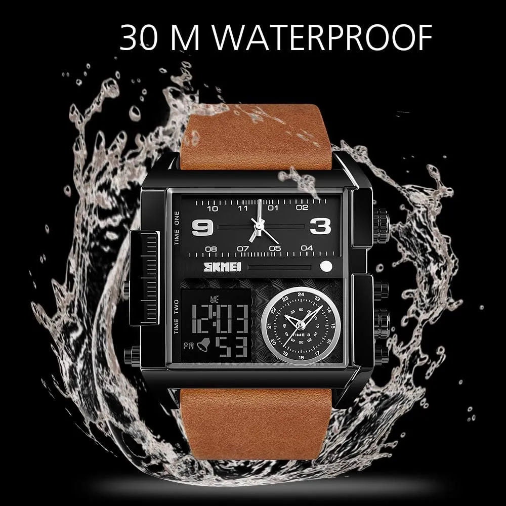 SKMEI Men's Digital Sports Watch, LED Square Large Face Analog Quartz Wrist Watch with Multi-Time Zone Waterproof Stopwatch