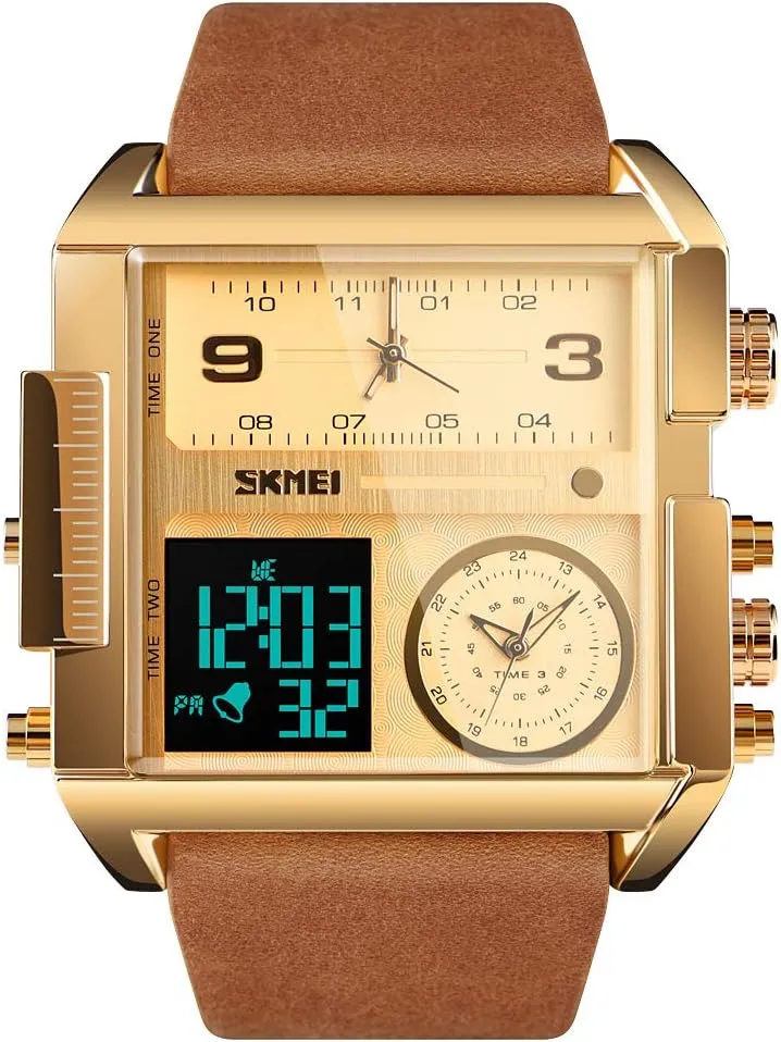 SKMEI Men's Digital Sports Watch, LED Square Large Face Analog Quartz Wrist Watch with Multi-Time Zone Waterproof Stopwatch