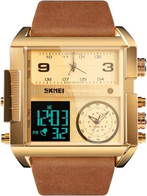 SKMEI Men's Digital Sports Watch, LED Square Large Face Analog Quartz Wrist Watch with Multi-Time Zone Waterproof Stopwatch