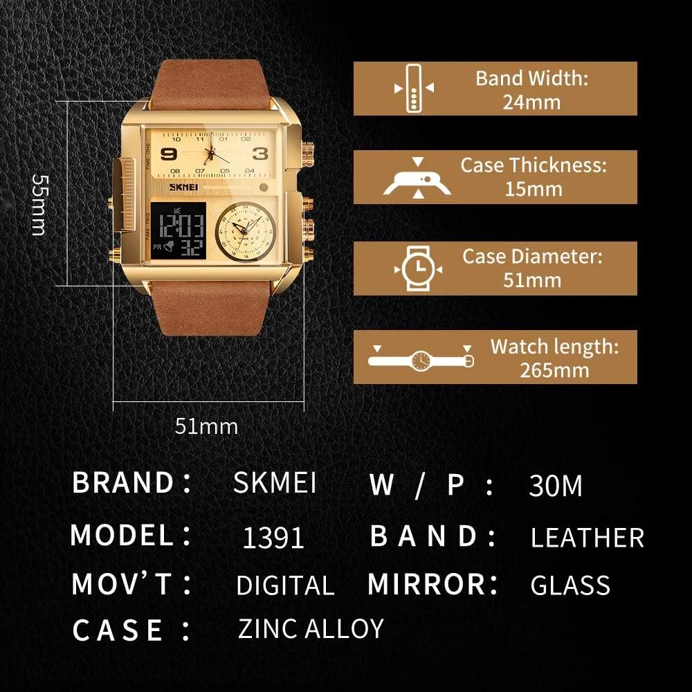 SKMEI Men's Digital Sports Watch, LED Square Large Face Analog Quartz Wrist Watch with Multi-Time Zone Waterproof Stopwatch