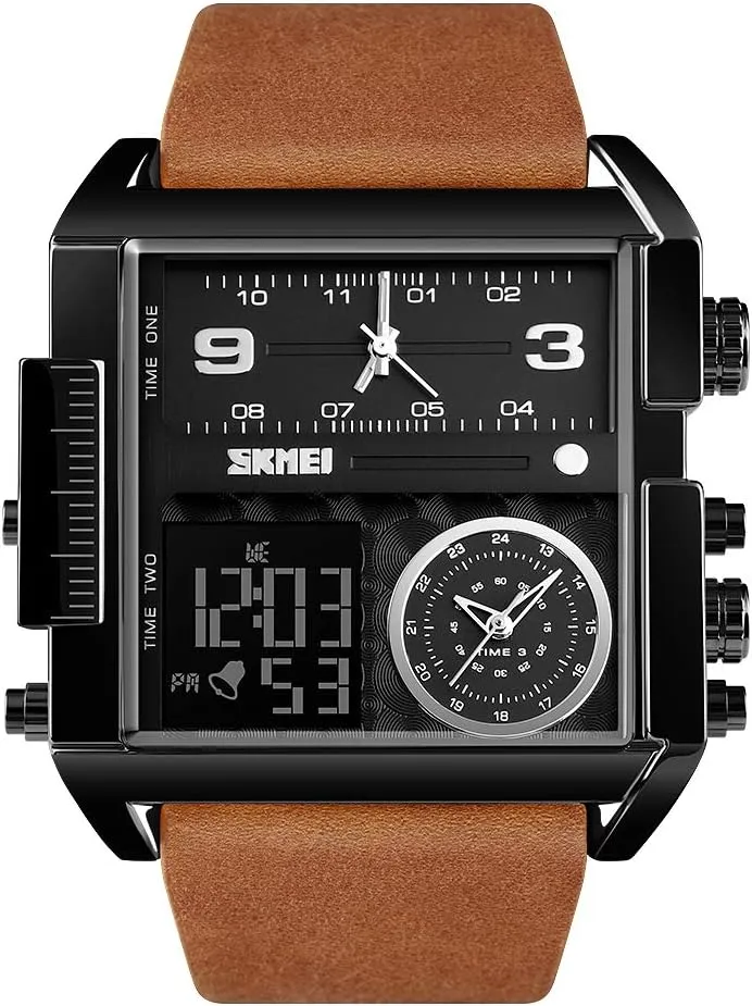 SKMEI Men's Digital Sports Watch, LED Square Large Face Analog Quartz Wrist Watch with Multi-Time Zone Waterproof Stopwatch