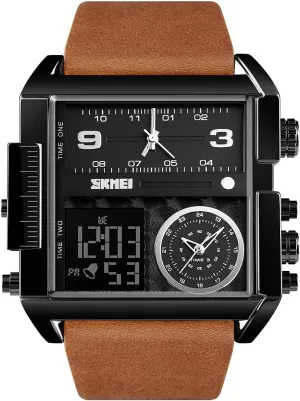 SKMEI Men's Digital Sports Watch, LED Square Large Face Analog Quartz Wrist Watch with Multi-Time Zone Waterproof Stopwatch