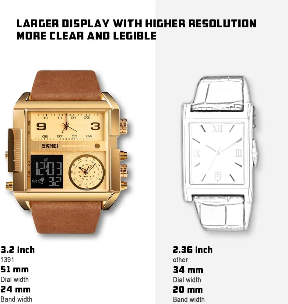 SKMEI Men's Digital Sports Watch, LED Square Large Face Analog Quartz Wrist Watch with Multi-Time Zone Waterproof Stopwatch