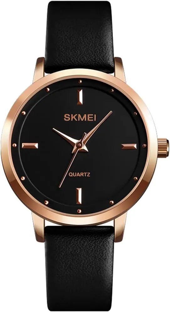 SKMEI Watches for Women Ladies Black Leather Band Fashion Simple Small Light Minimalist Thin Waterproof Casual Dress Analog Quartz Young Girl Female Gifts Wrist Watch