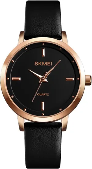 SKMEI Watches for Women Ladies Black Leather Band Fashion Simple Small Light Minimalist Thin Waterproof Casual Dress Analog Quartz Young Girl Female Gifts Wrist Watch