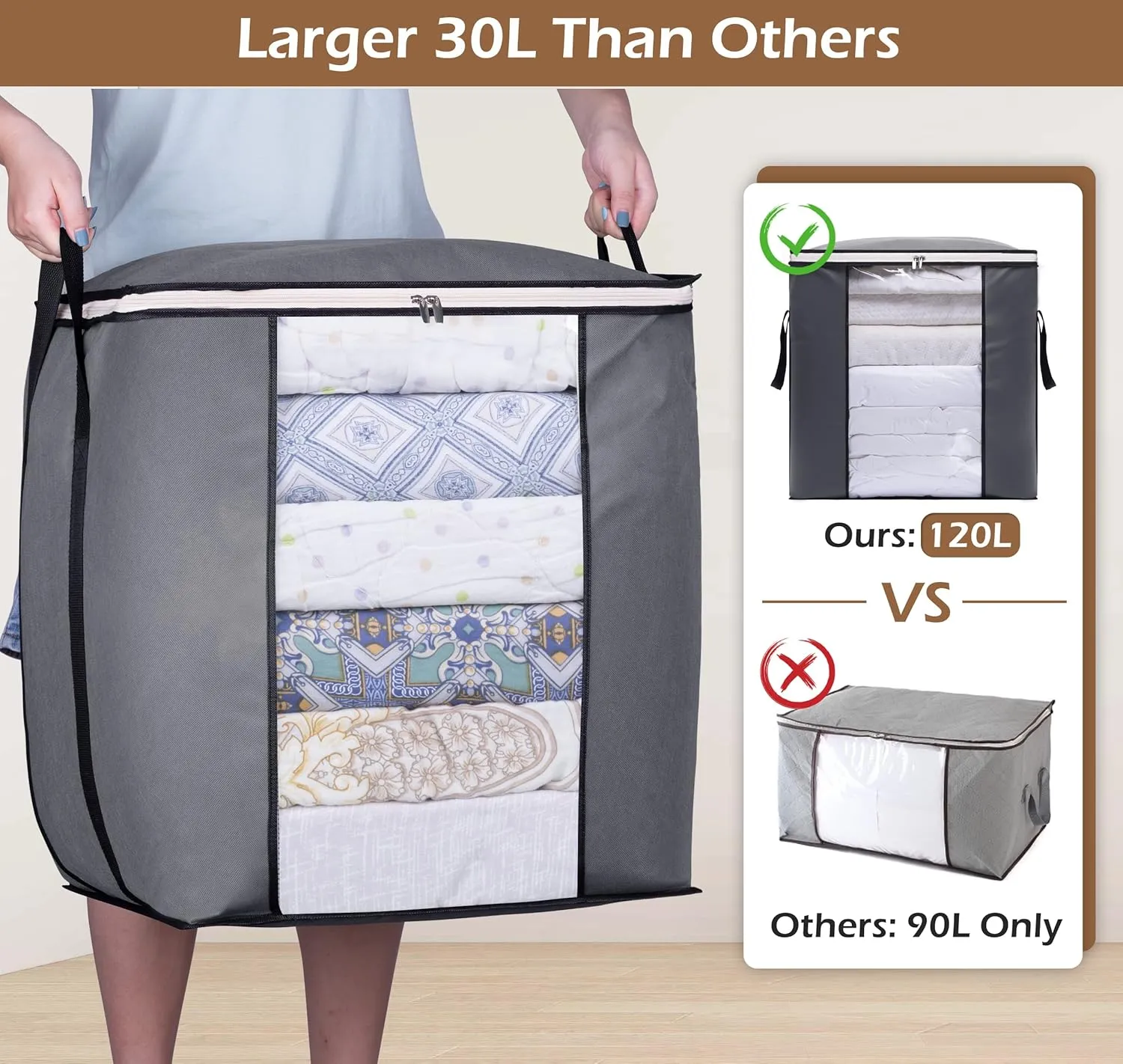 SLEEPING LAMB 120L Oversized Blanket Storage Bags Sturdy Fabric Clothes Storage Containers for King Comforter Bedding Pillow Sheet, Grey, 3 Packs