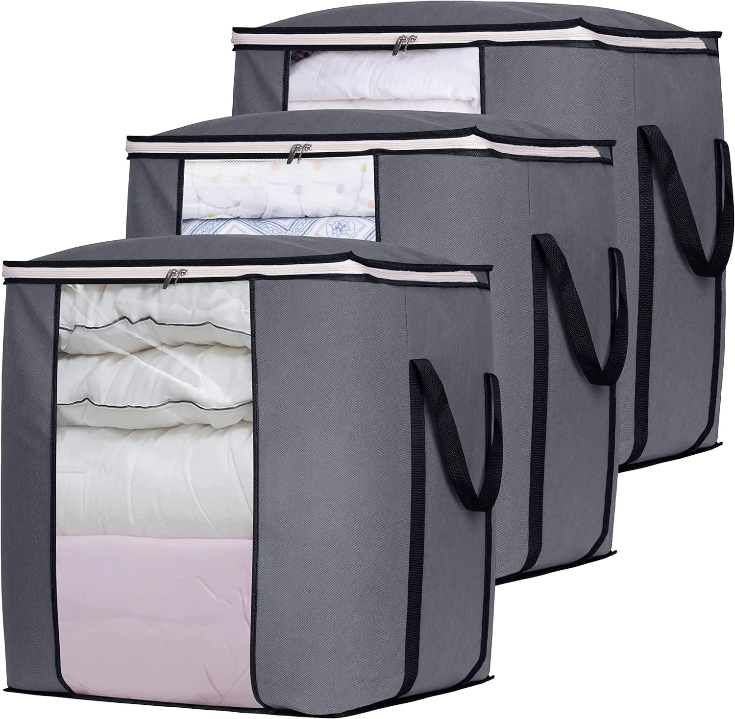 SLEEPING LAMB 120L Oversized Blanket Storage Bags Sturdy Fabric Clothes Storage Containers for King Comforter Bedding Pillow Sheet, Grey, 3 Packs