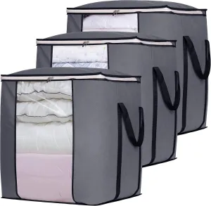 SLEEPING LAMB 120L Oversized Blanket Storage Bags Sturdy Fabric Clothes Storage Containers for King Comforter Bedding Pillow Sheet, Grey, 3 Packs