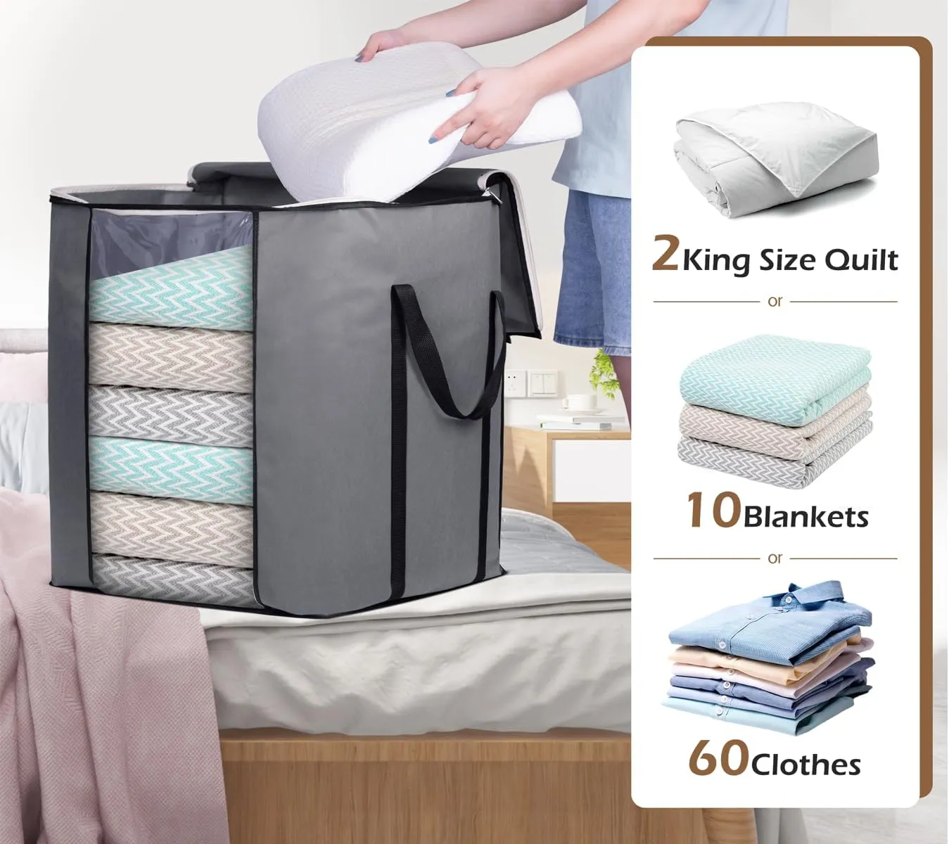 SLEEPING LAMB 120L Oversized Blanket Storage Bags Sturdy Fabric Clothes Storage Containers for King Comforter Bedding Pillow Sheet, Grey, 3 Packs