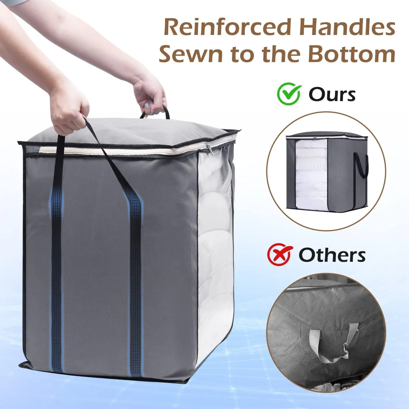 SLEEPING LAMB 120L Oversized Blanket Storage Bags Sturdy Fabric Clothes Storage Containers for King Comforter Bedding Pillow Sheet, Grey, 3 Packs