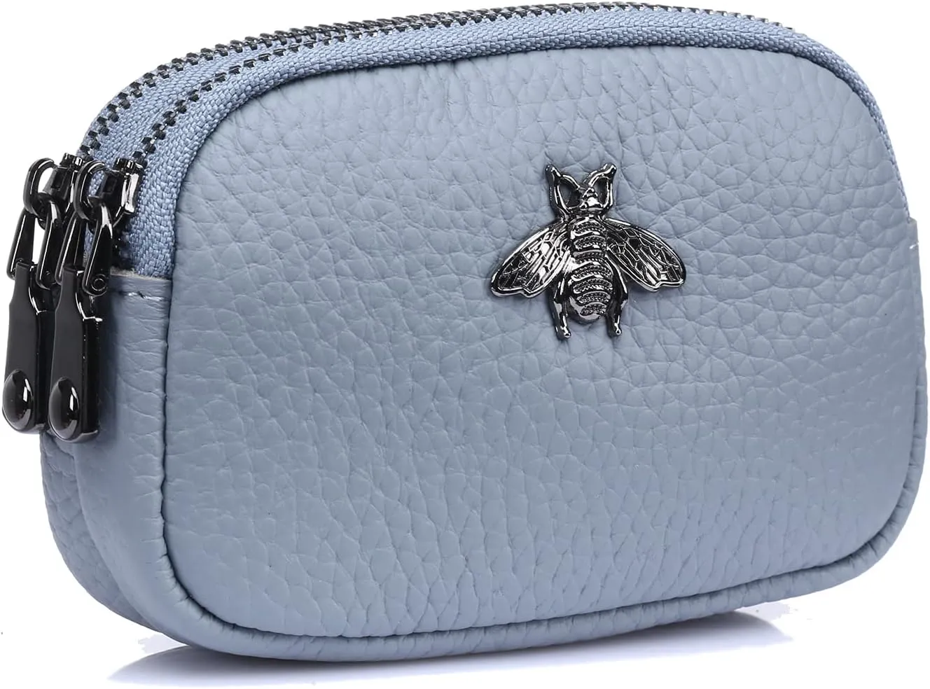 Small Coin Purse For Women Leather Change Pouch Tiny Card Holder Wallet Zipper (Light Blue)