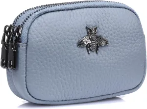 Small Coin Purse For Women Leather Change Pouch Tiny Card Holder Wallet Zipper (Light Blue)