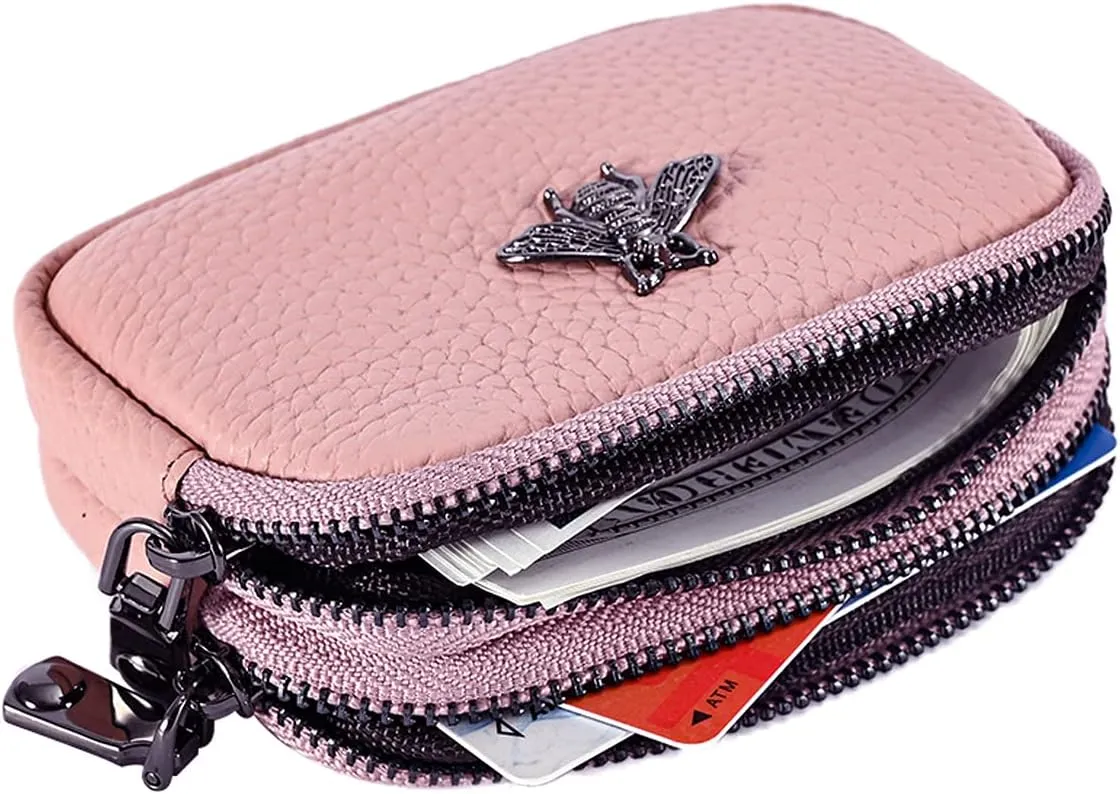Small Coin Purse For Women Leather Change Pouch Tiny Card Holder Wallet Zipper (Pink)