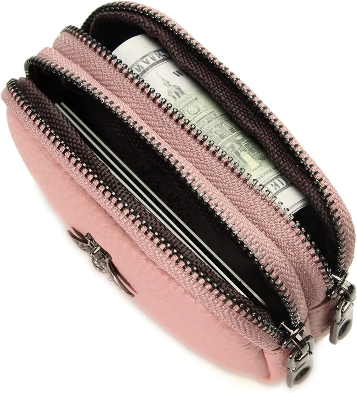 Small Coin Purse For Women Leather Change Pouch Tiny Card Holder Wallet Zipper (Pink)