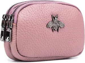 Small Coin Purse For Women Leather Change Pouch Tiny Card Holder Wallet Zipper (Pink)