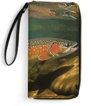 Small Leather Bag with Wristlet Brook Trout Fly Fishing Printed Genuine Leather Wallet for Men And Women Exquisite And Personalized Portable Wallet